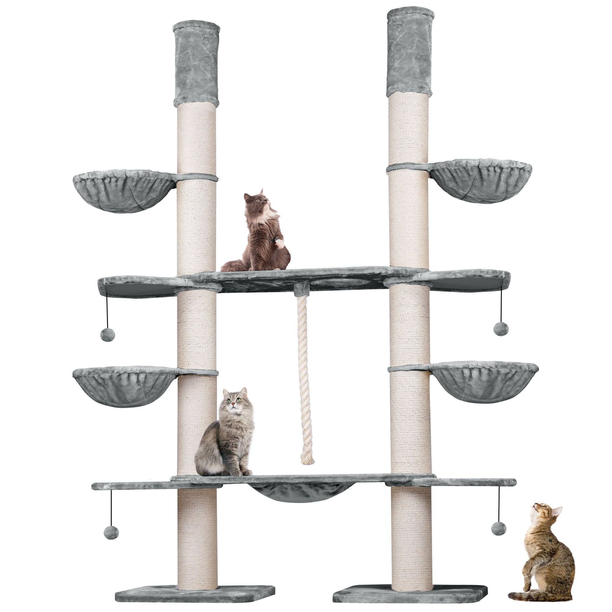 HAPPYPET XXL Kratzbaum-Landschaft f&uuml;r gro&szlig;e Katzen - 2-in-1 Aktivit&auml;ts- und Sisal-Paradies mit Deckenspanner 280cm hoch | Premium Pl&uuml;sch | Grau - Bild 1