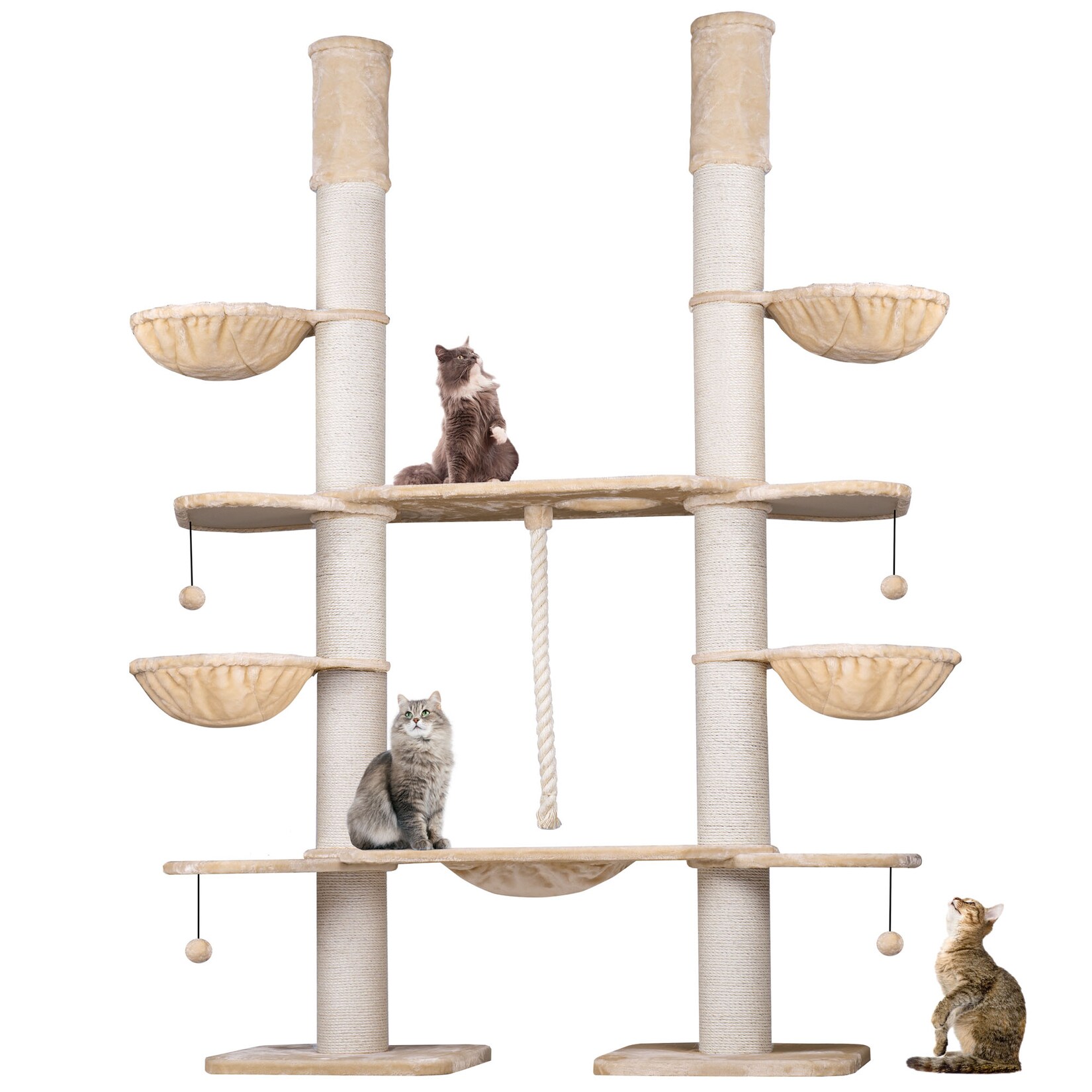 HAPPYPET XXL Kratzbaum-Landschaft für große Katzen - 2-in-1 Aktivitäts- und Sisal-Paradies mit Deckenspanner 280cm hoch Premium Plüsch Creme-Beige