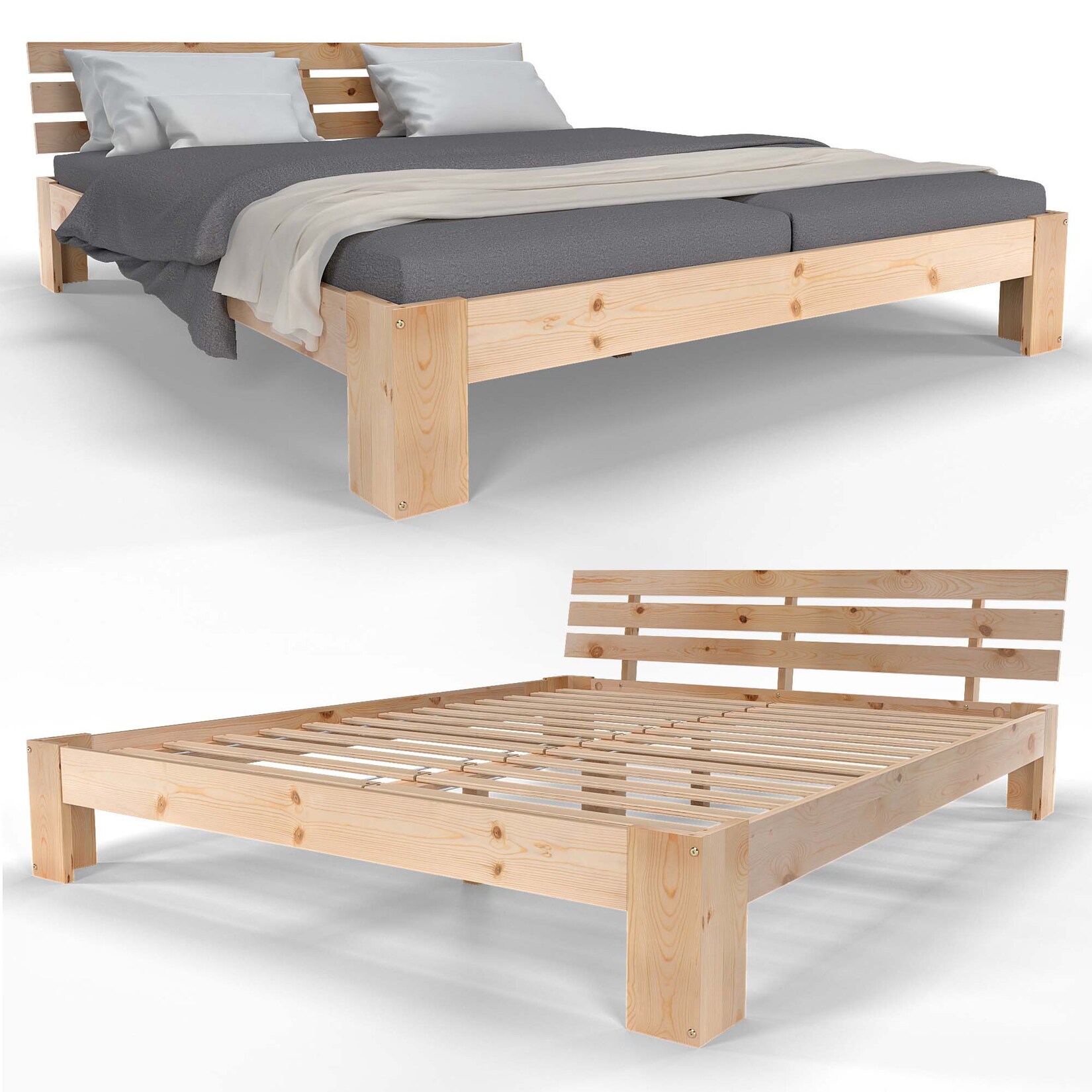 SANZARO Holzbett 160 x 200 cm – Massivholz Bett Kiefer Doppelbett Balkenbett Bettgestell Bettrahmen Lattenrost, Natur   Natur 160 x 200 cm | 04260495758077