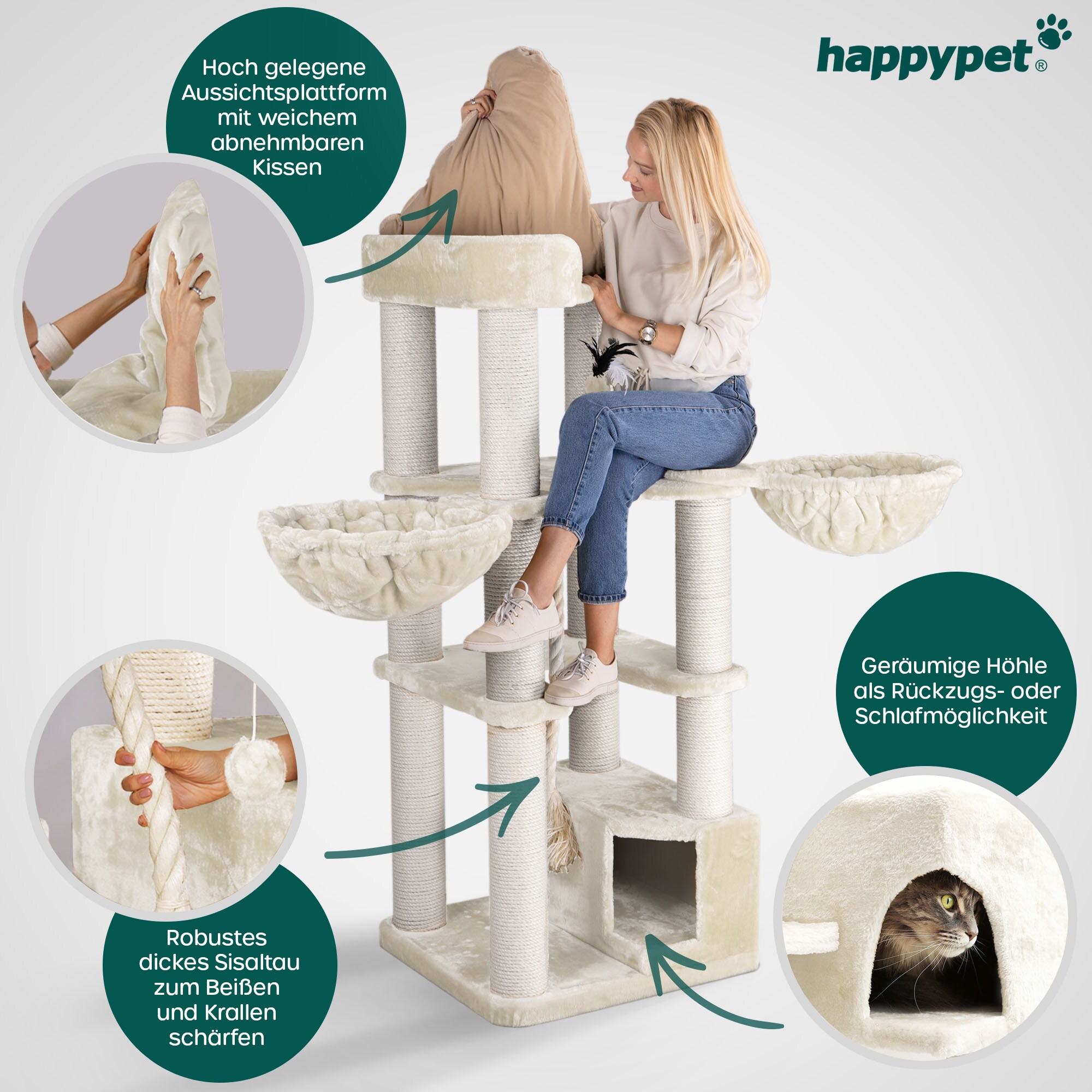 HAPPYPET Premium Kratzbaum 161 cm groe Katzen stabil Katzenbaum | Creme