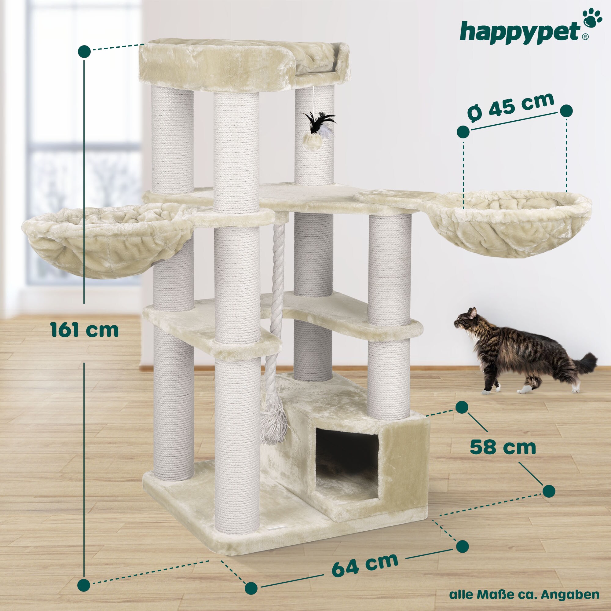 HAPPYPET Premium Kratzbaum 161 cm groe Katzen stabil Katzenbaum | Creme  online kaufen bei Netto