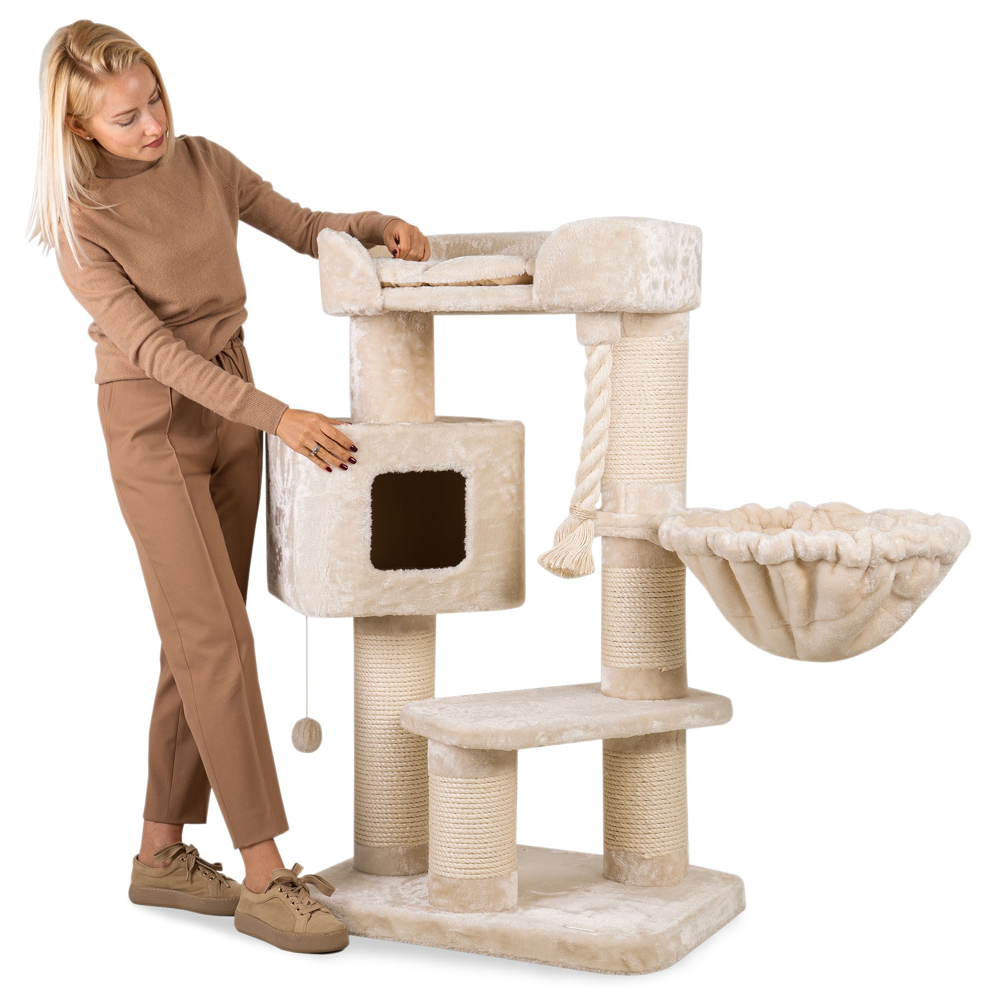 HAPPYPET Kratzbaum Stabil 118 cm Kletterbaum Katzenbaum Maine Coon | Creme - Bild 1
