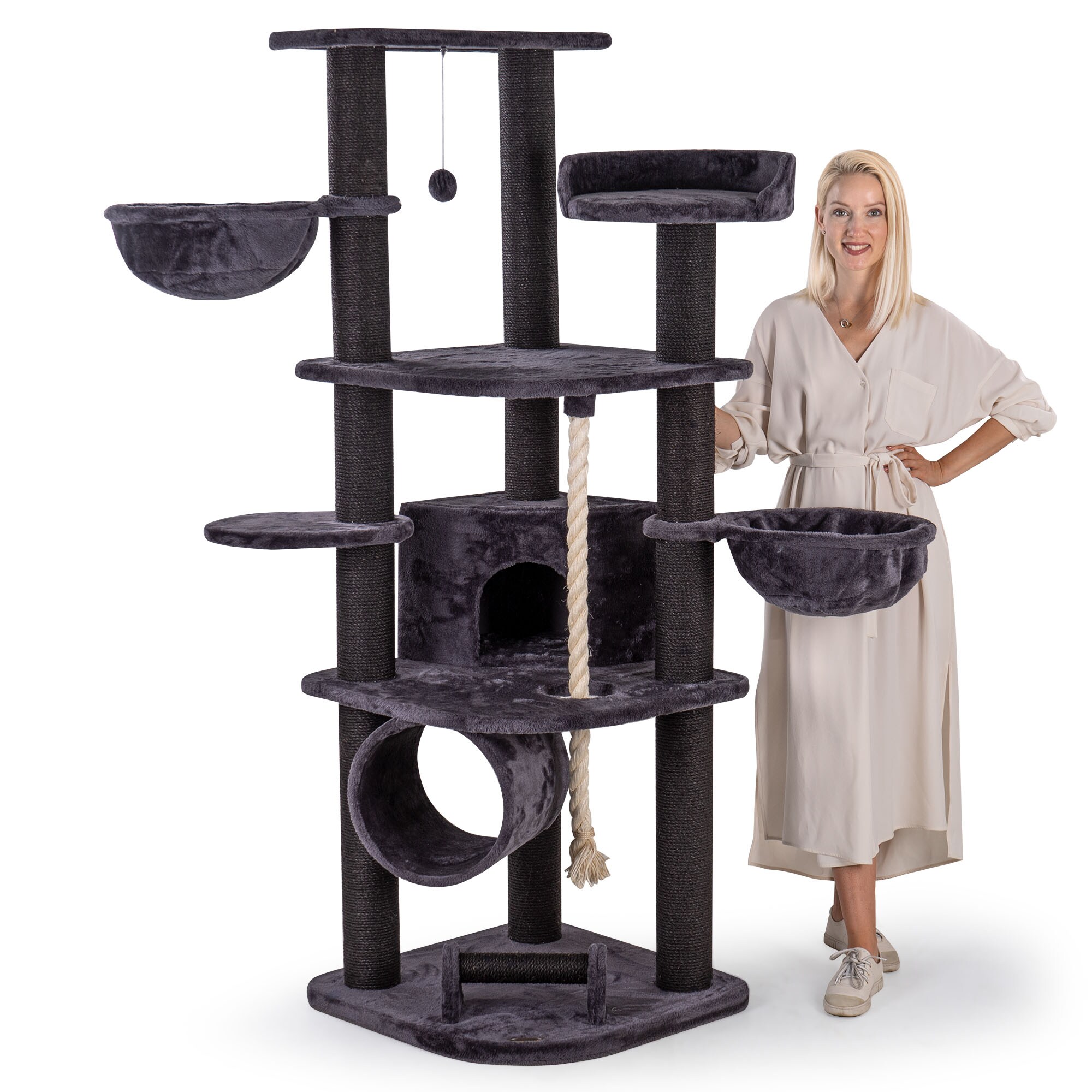 HAPPYPET Kratzbaum f&uuml;r Katzen gro&szlig; 181 cm hoch - Stabiler Kletterbaum Katzenbaum, dicke St&auml;mme mit 11 cm, Haus & Spieltunnel, gro&szlig;e Liegemulden, Spietau mit Kratzrolle | Anthrazit - Bild 1