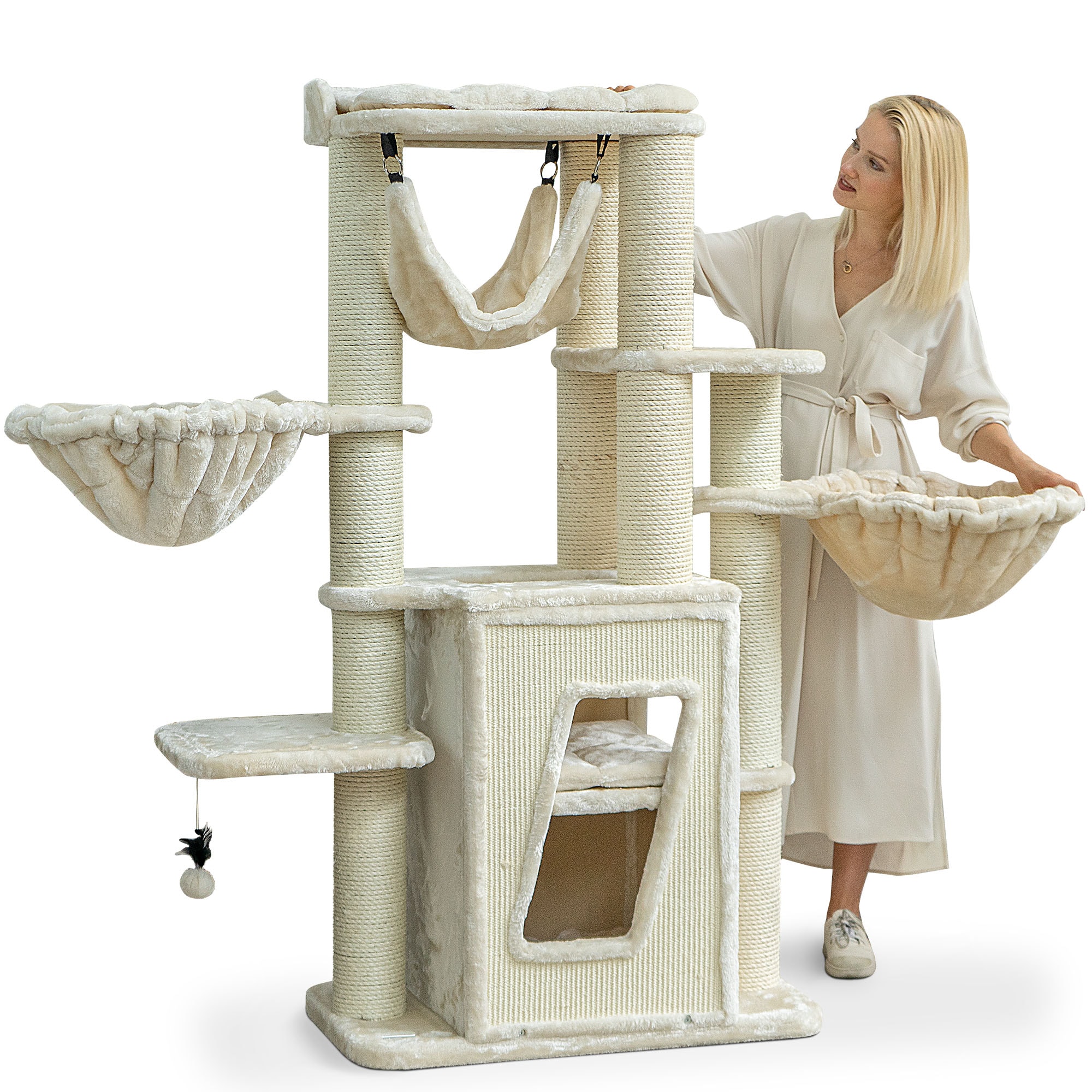 HAPPYPET Kratzbaum stabil 157 cm Katzenbaum Kletterbaum Sisal Massiv | Creme - Bild 1