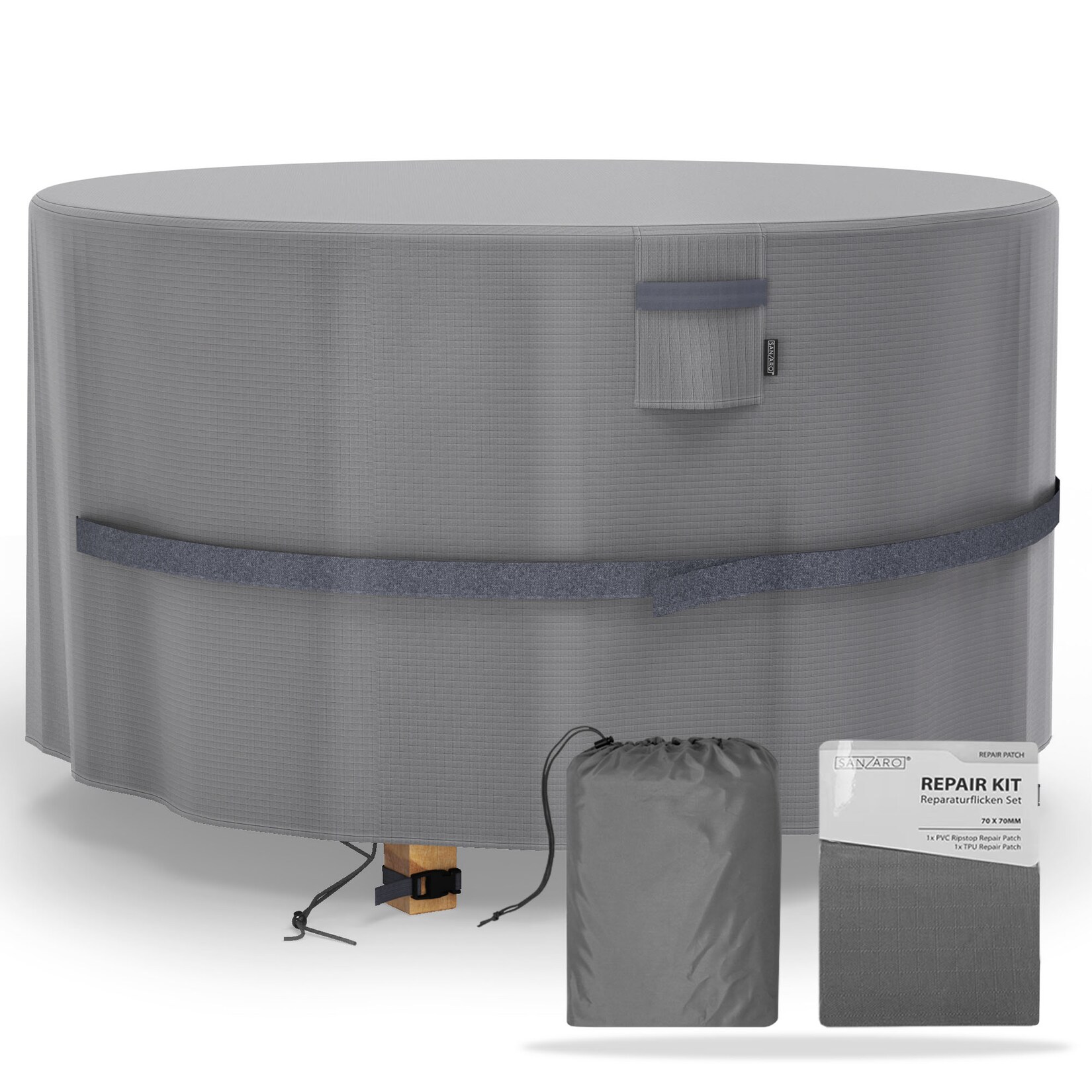SANZARO Schutzhülle Winterfest Rund für Gartentisch – RipStop-Technologie, 600D Oxford, Reißfest & UV-Beständig, Abdeckung Wasserdicht für Outdoor Möbelsets    Ø 230 x 100 cmØ 230 x 100 cm | 04260694831366