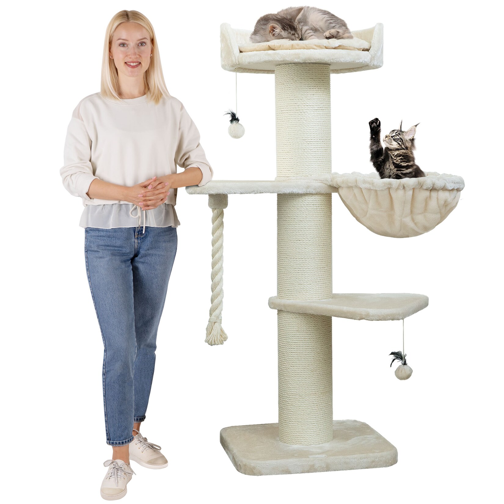 HAPPYPET Premium Kratzbaum Grosse Katzen Stabil 'Cooper' – 150 cm Großer Katzenbaum   Creme