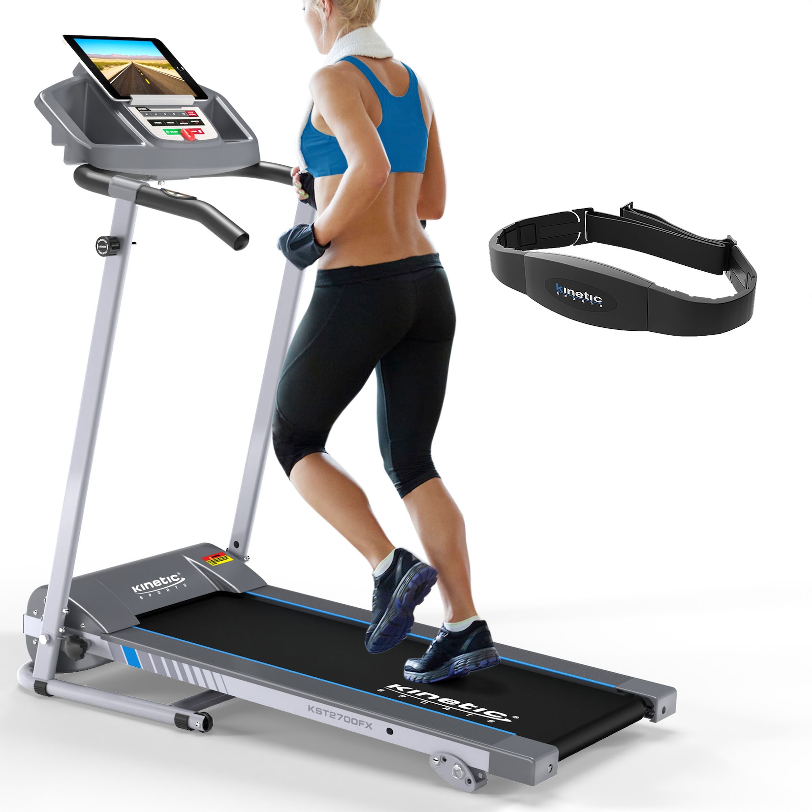 KINETIC SPORTS Laufband für zuhause KST2700FX klappbar – mit Pulsgurt, leiser 750 Watt Elektromotor, 12+1 Programme, LCD Display, Geh- und Lauftraining, stufenlos bis 10 km/h, bis 120kg     inkl. Pulsgurt | 04260694832608