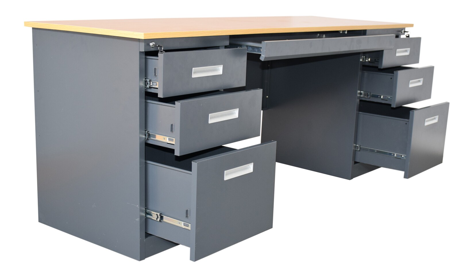 Robuster Metallschreibtisch SAMARA 180cm mit 6 Schubladen