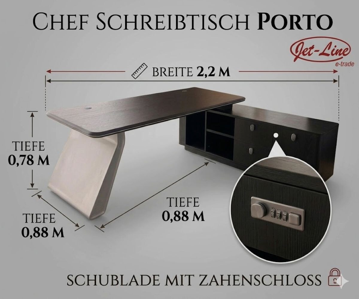 Chef Schreibtisch Eckschreibtisch Porto links schwarz 220x180x75 Büromöbel