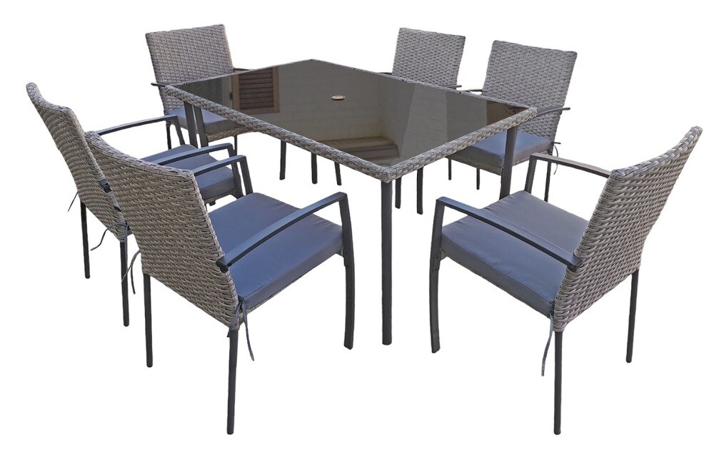 Gartenm&ouml;bel Essgruppe Sitzgruppe CARLO 7-Teilig grau aus Rattan mit Kissen Garten Terrasse Balkon - Bild 1