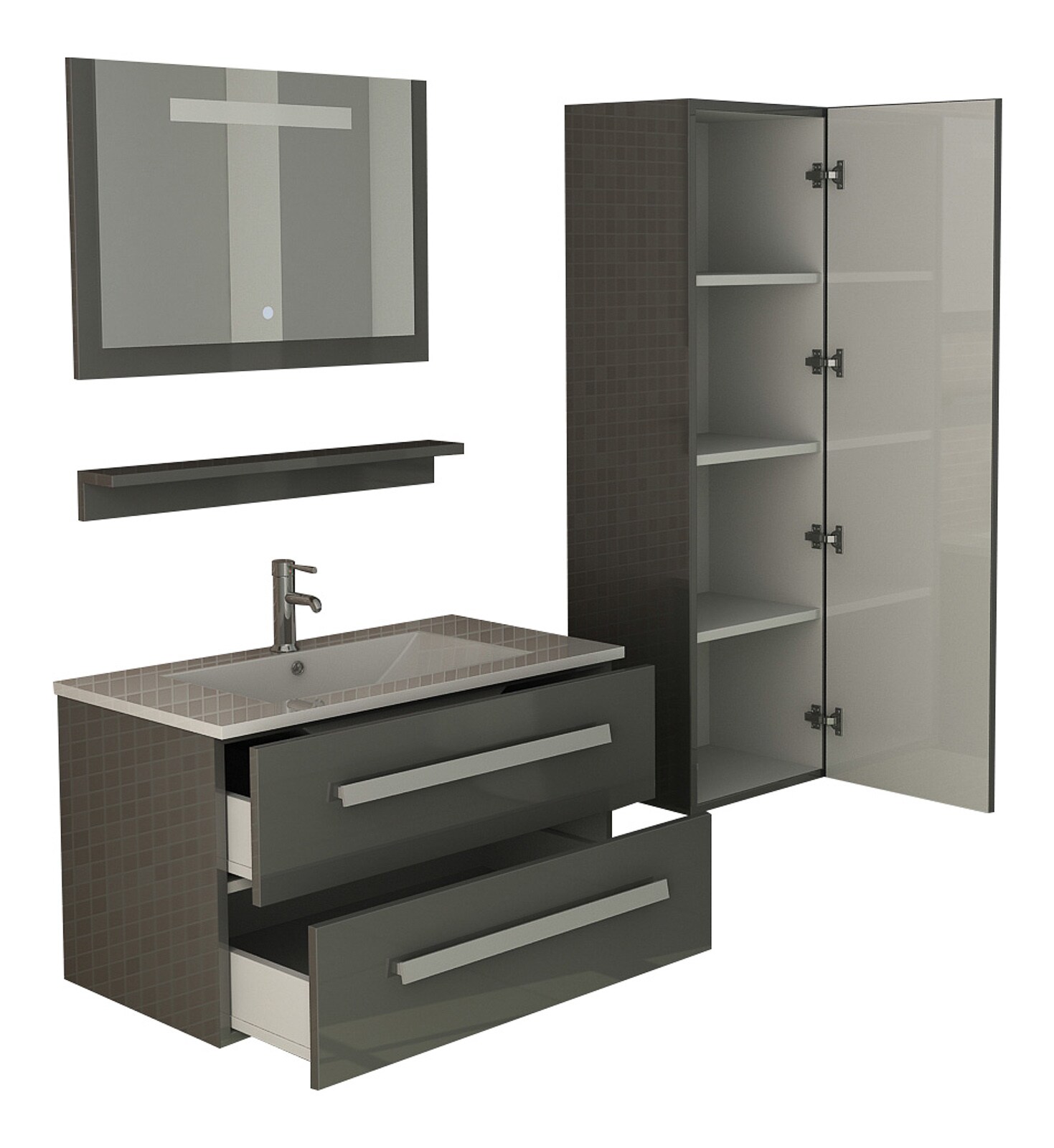 Badset Badm&ouml;bel Set hochglanz ST. MORITZ grau mit Spiegel Inkl LED und Schrank - Bild 1