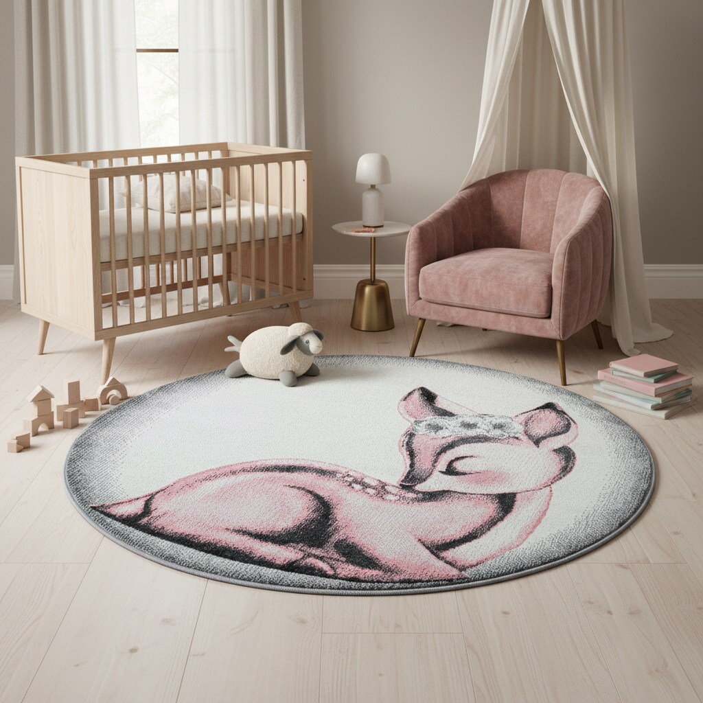Spielteppich COGNE in Rosa, mit Reh-Motiv, Ø 120 cm