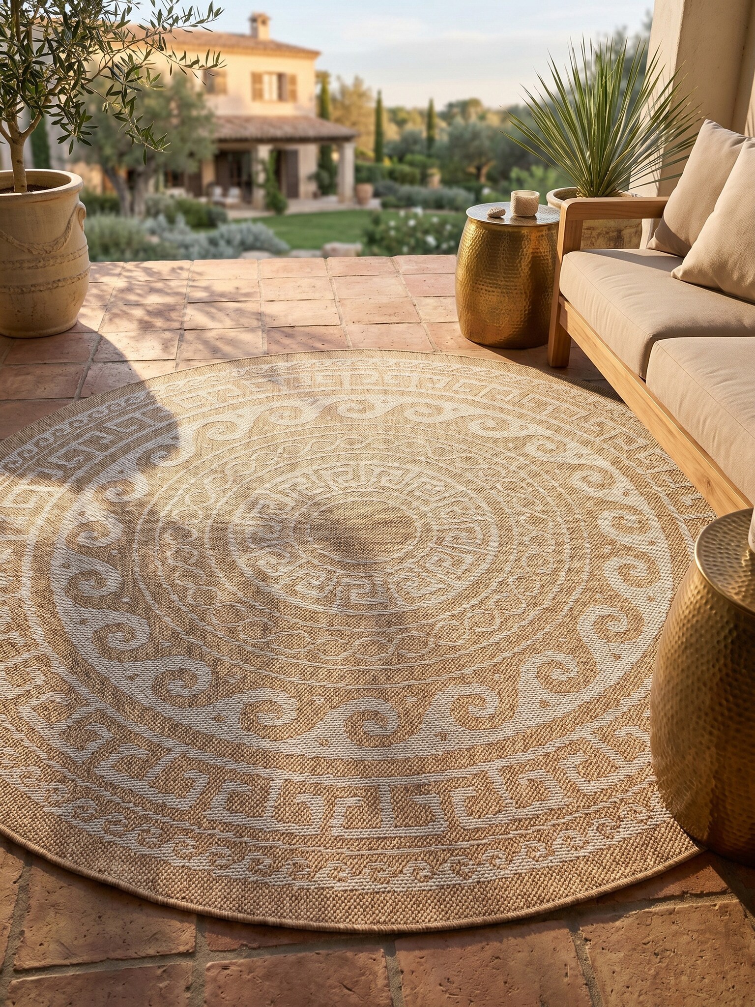 Teppich Outdoor KAUNS in Beige, im Vintage-Stil, aus Polypropylen, &Oslash; 120 cm - Bild 1