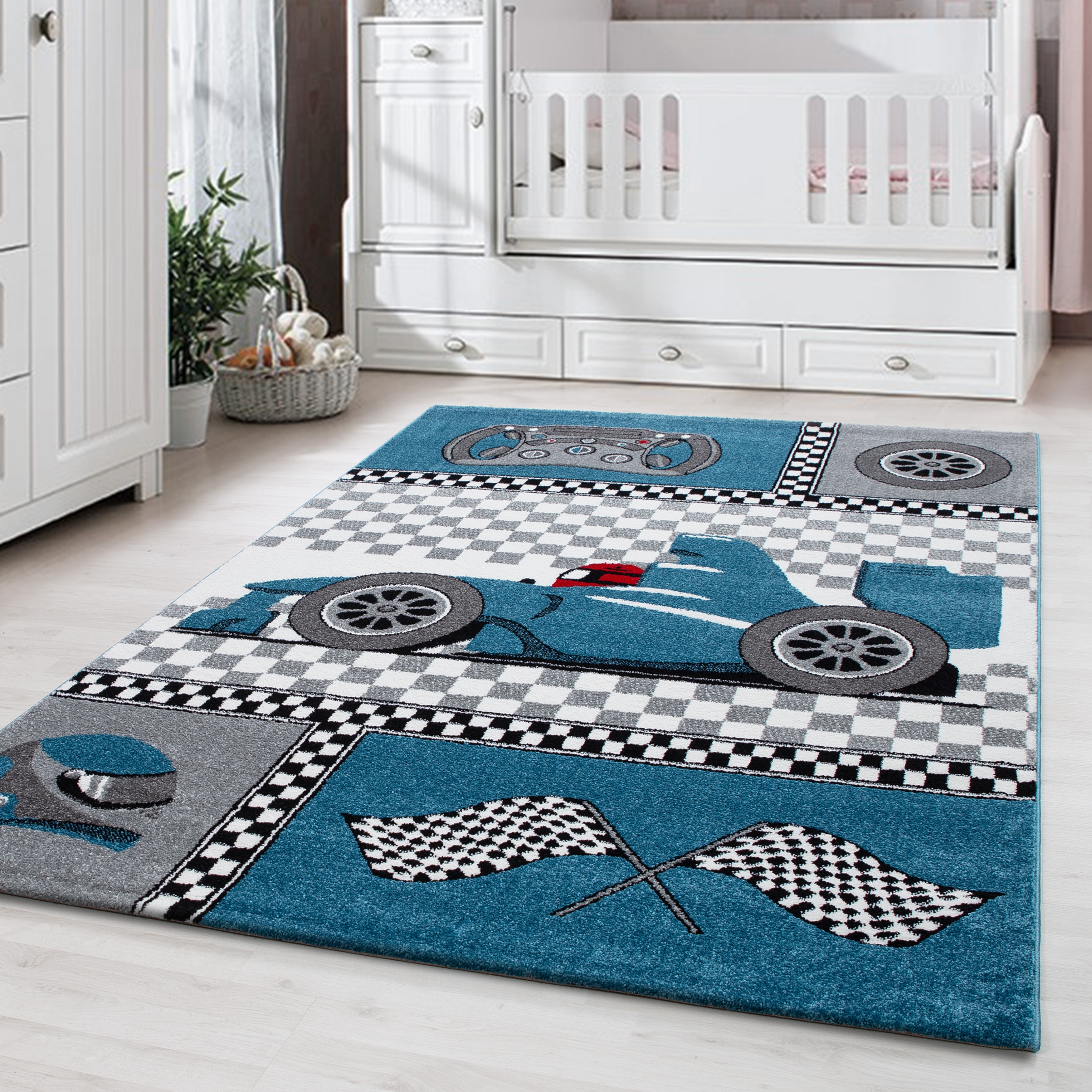 Spielteppich TASNA in Blau, mit Rennwagen-Motiv, 140 x 200 cm - Bild 1