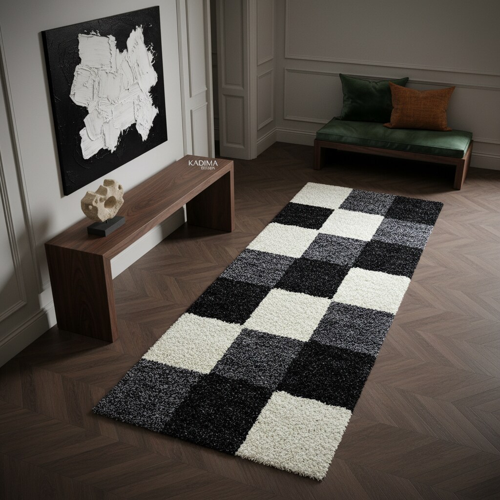 Teppich Hochflor RHEIN in Schwarz, kariert, 80 x 250 cm