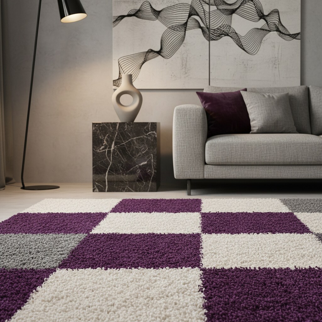 Teppich Hochflor RHEIN in Violett, kariert, 80 x 150 cm