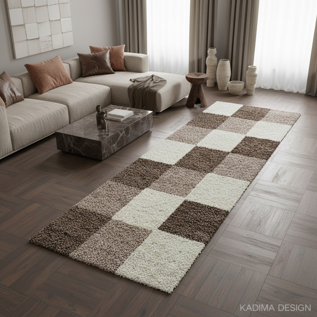 Teppich Hochflor RHEIN in Mokka, kariert, 80 x 250 cm