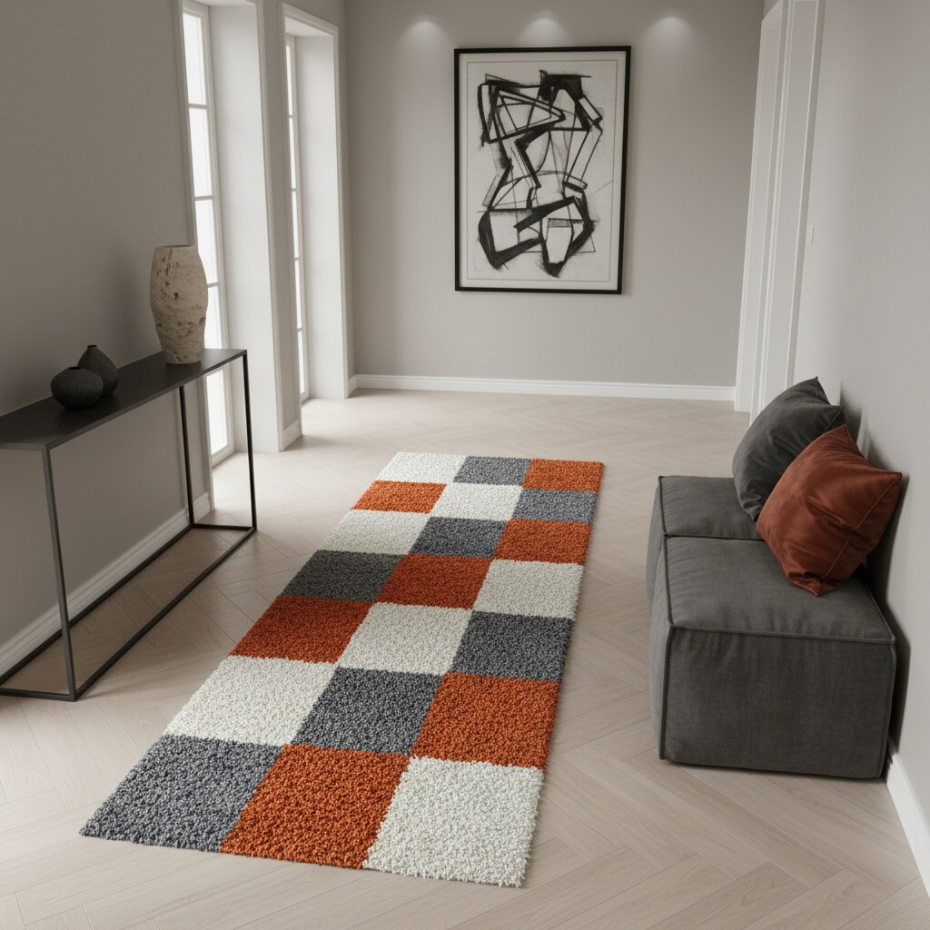 Teppich Hochflor RHEIN in Terrakotta, kariert, 80 x 250 cm
