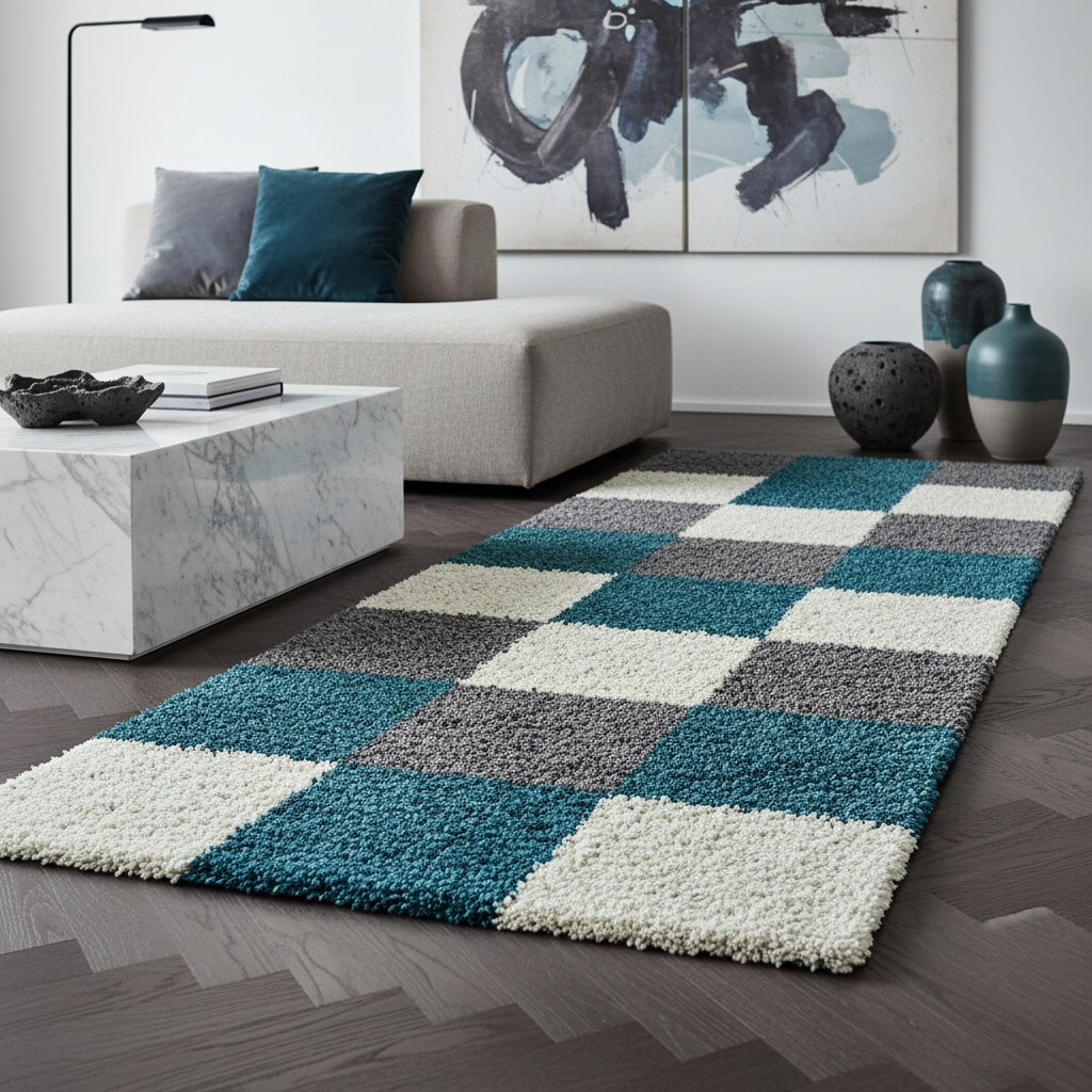 Teppich Hochflor RHEIN in Türkis, kariert, 80 x 250 cm