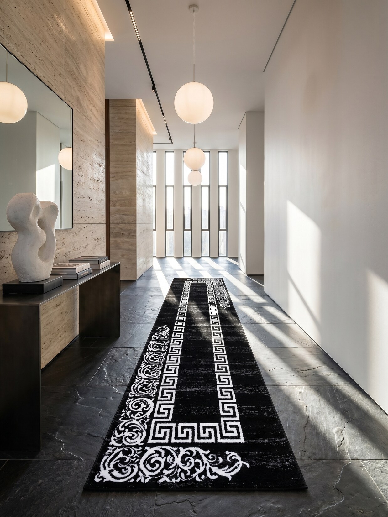 Teppich Kurzflor ASPEN in Schwarz, mit Mäander-Muster, 80 x 300 cm