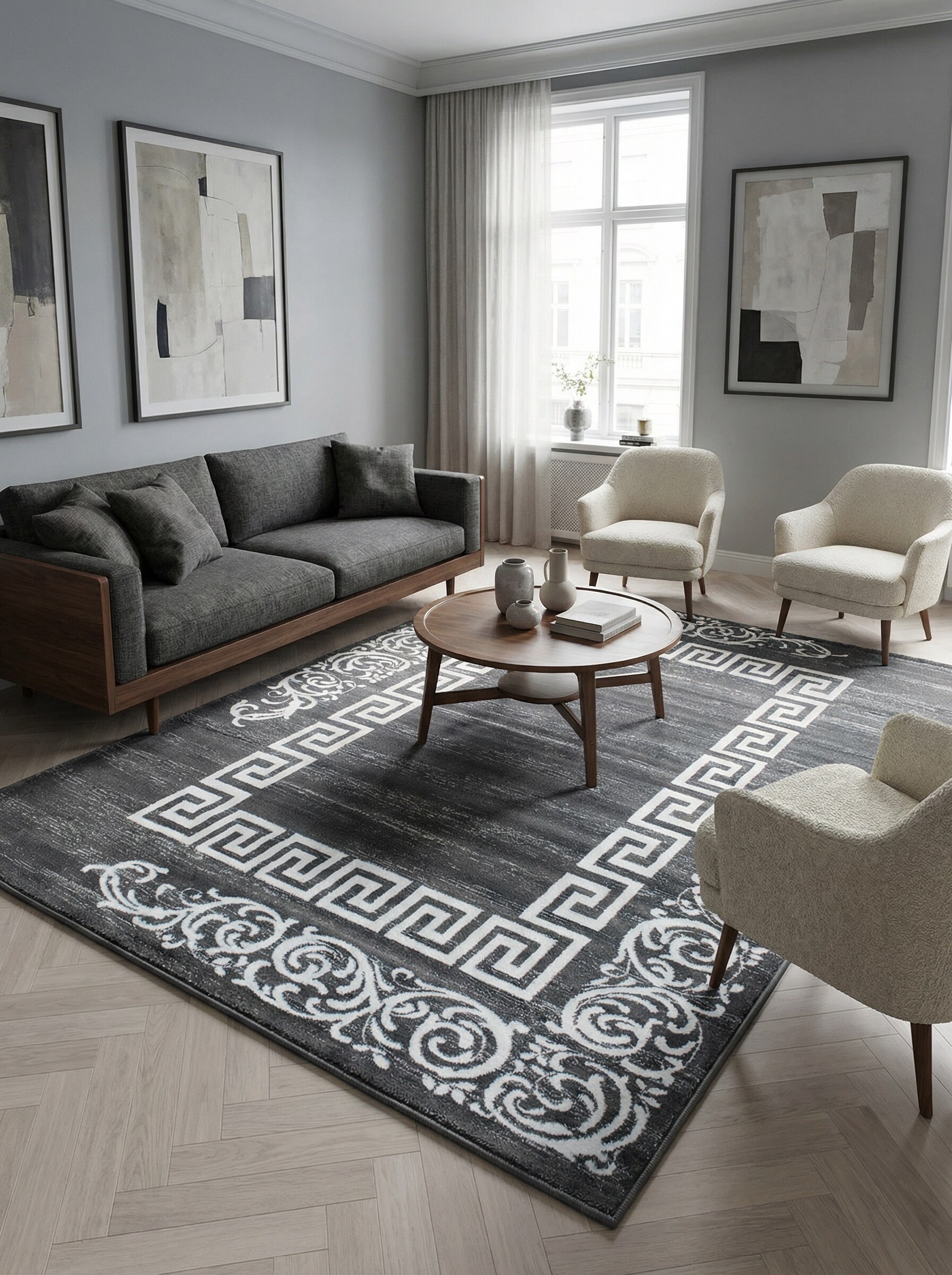 Teppich Kurzflor ASPEN in Grau, mit M&auml;ander-Muster, 80 x 150 cm - Bild 1