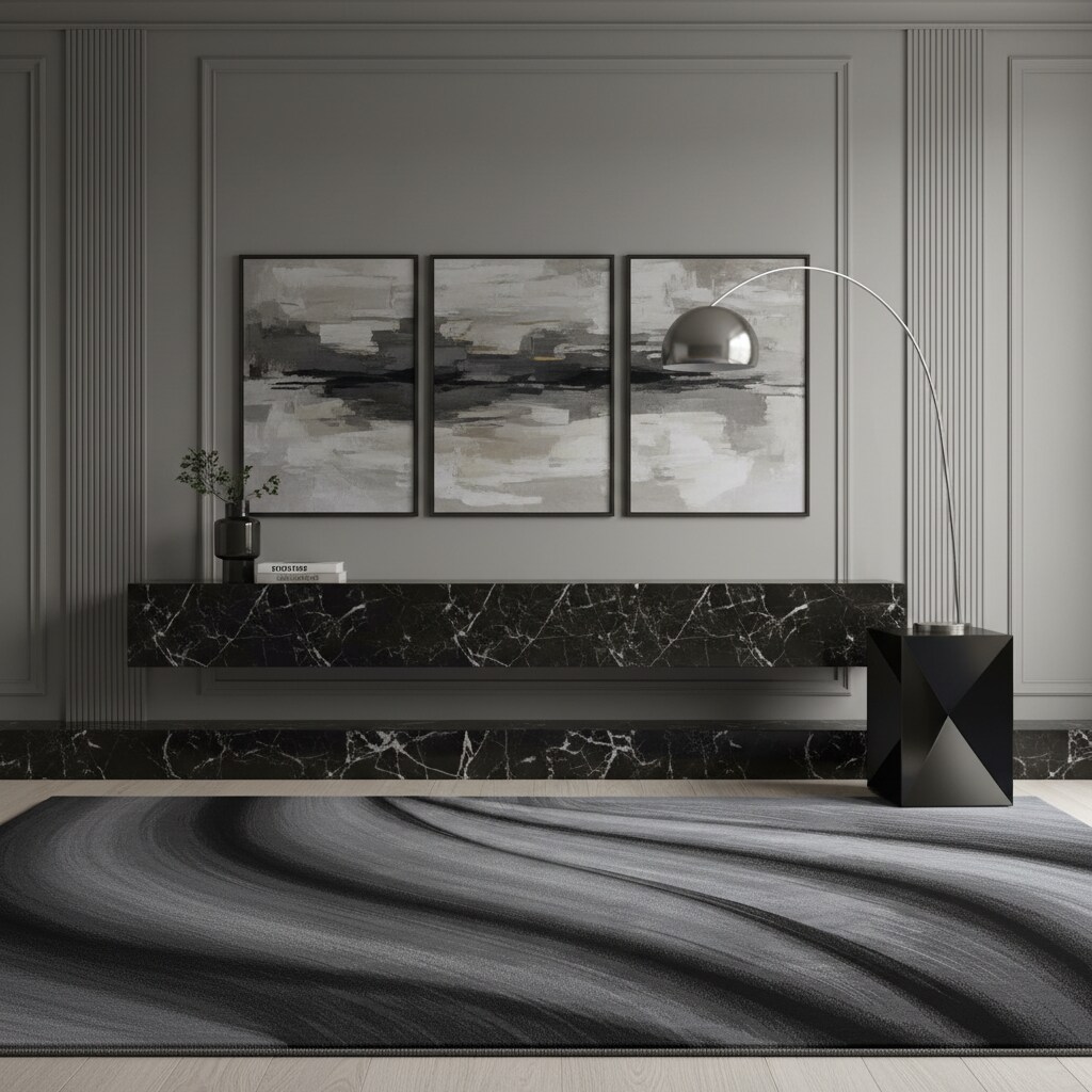 Teppich Kurzflor ASPEN in Schwarz, mit abstraktem Wellenmuster, 160 x 230 cm