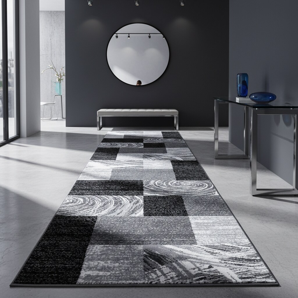 Teppich Kurzflor DRAU in Schwarz, abstrakt kariert, 80 x 300 cm