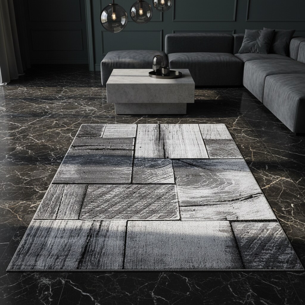 Teppich Kurzflor DRAU in Schwarz, in 3D-Holzoptik, 120 x 170 cm