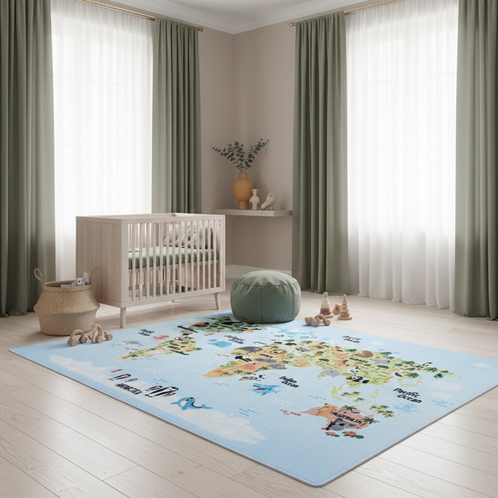 Spielteppich TRAUN in Blau, mit Weltkarte-Tiere-Motiv, 120 x 170 cm - Bild 1