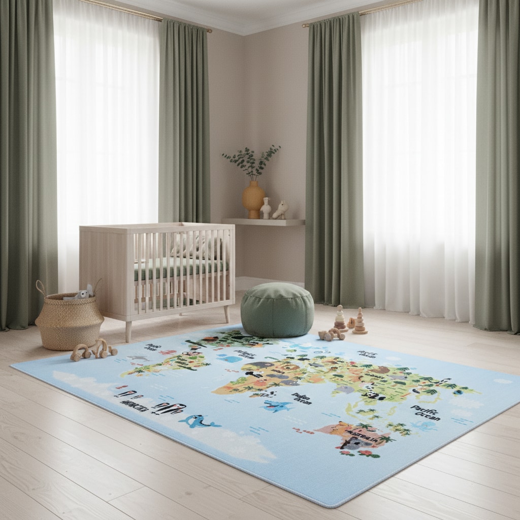 Spielteppich TRAUN in Blau, mit Weltkarte-Tiere-Motiv, 160 x 230 cm