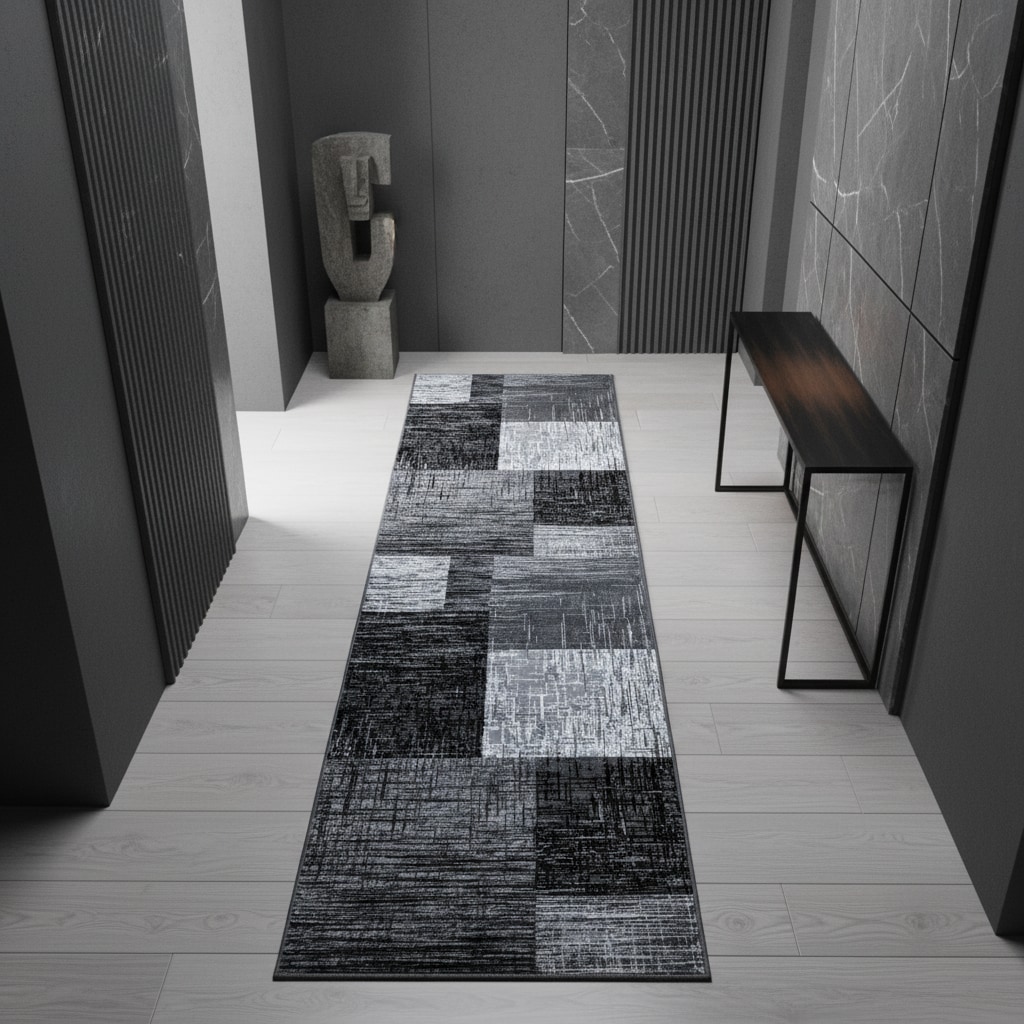 Teppich Kurzflor INN in Schwarz, abstrakt kariert, 80 x 300 cm - Bild 1