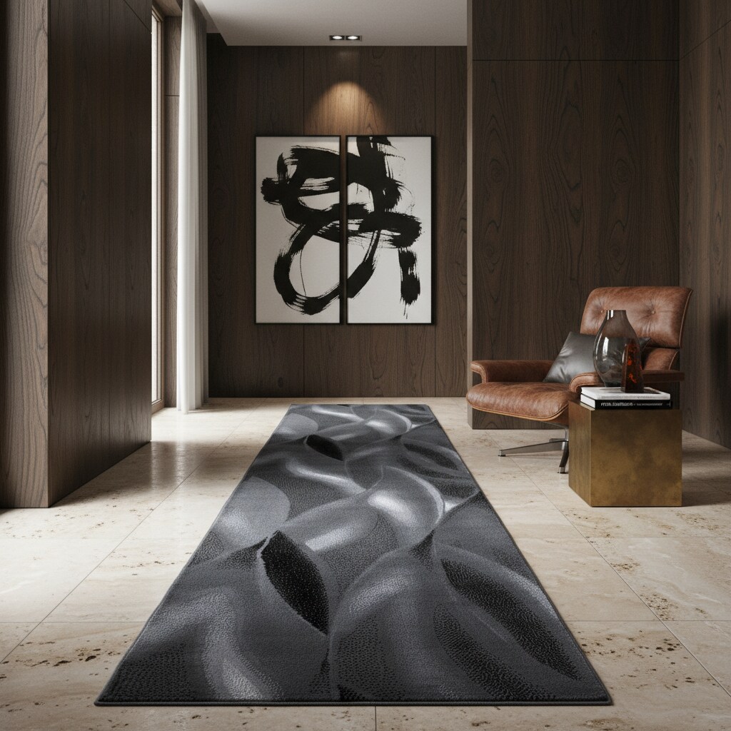 Teppich Kurzflor INN in Schwarz, mit abstraktem Wellenmuster, 80 x 300 cm
