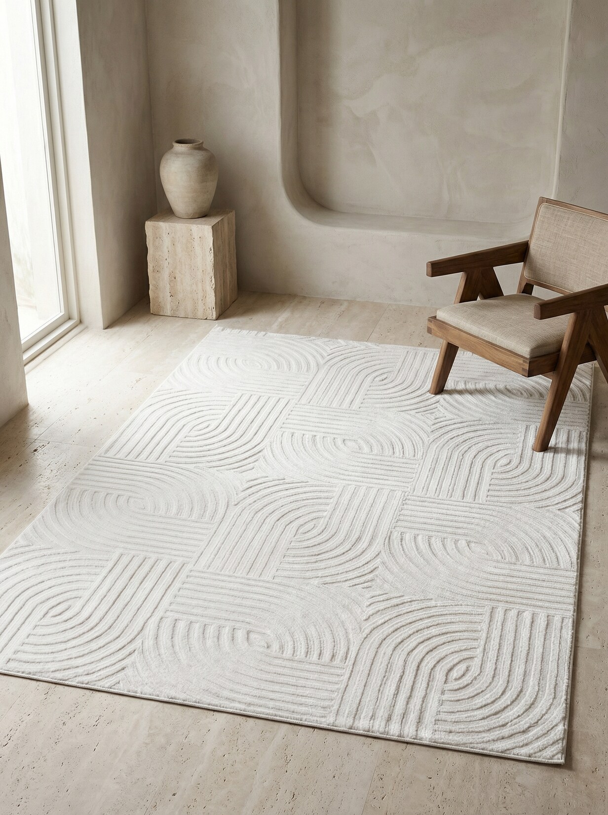 Teppich Kurzflor ILLER in Creme, mit 3D-Design, aus Jute, 80 x 150 cm