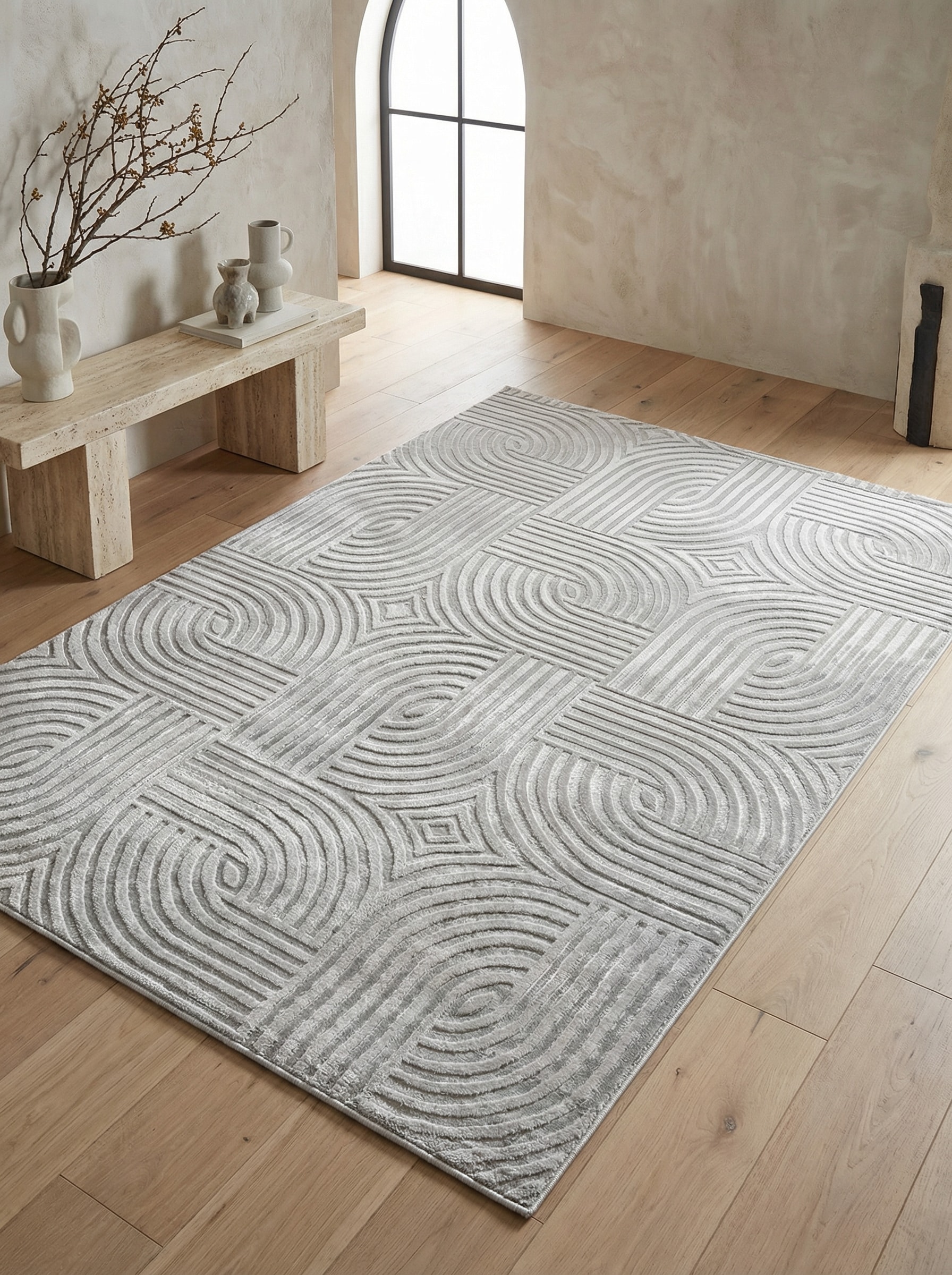 Teppich Kurzflor ILLER in Silber, mit 3D-Design, aus Jute, 80 x 150 cm - Bild 1