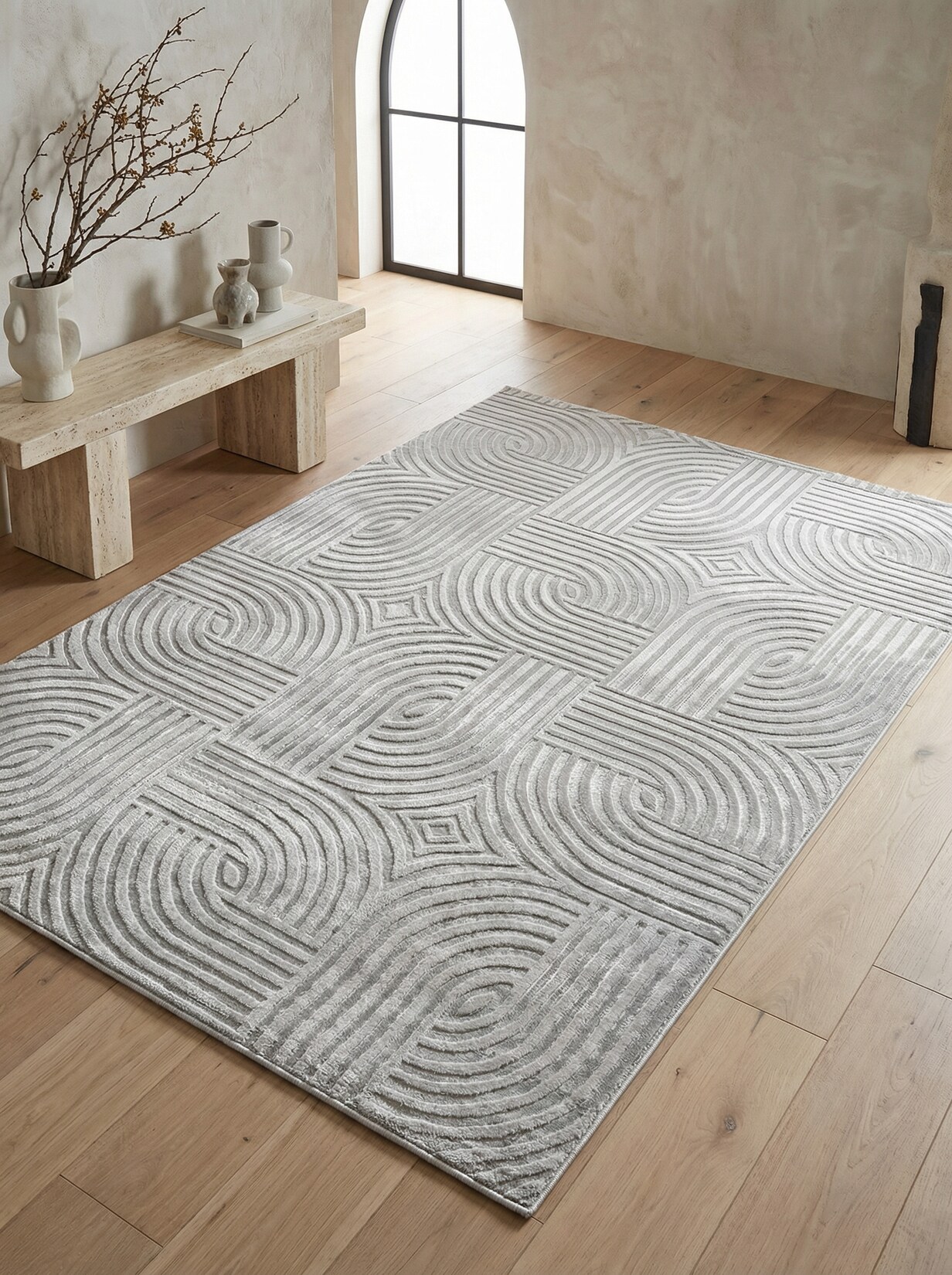 Teppich Kurzflor ILLER in Silber, mit 3D-Design, aus Jute, 140 x 200 cm