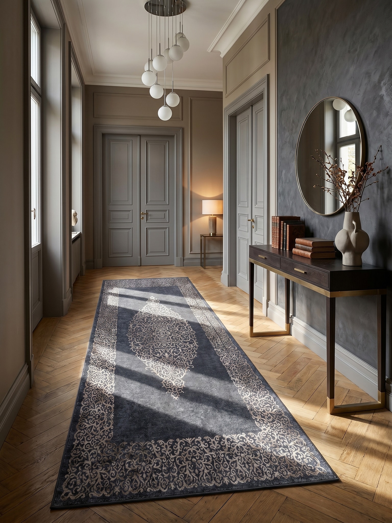 Flachwebteppich Waschbar PIZOL, mit Barock-Motiv, Schwarz, 80 x 250 cm - Bild 1