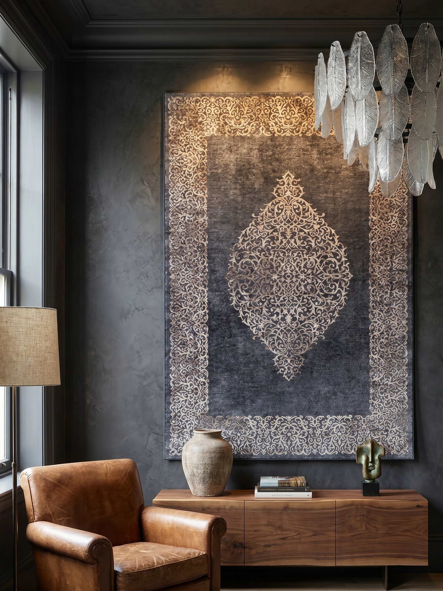 Flachwebteppich Waschbar PIZOL, mit Barock-Motiv, Schwarz, 200 x 290 cm - Bild 1
