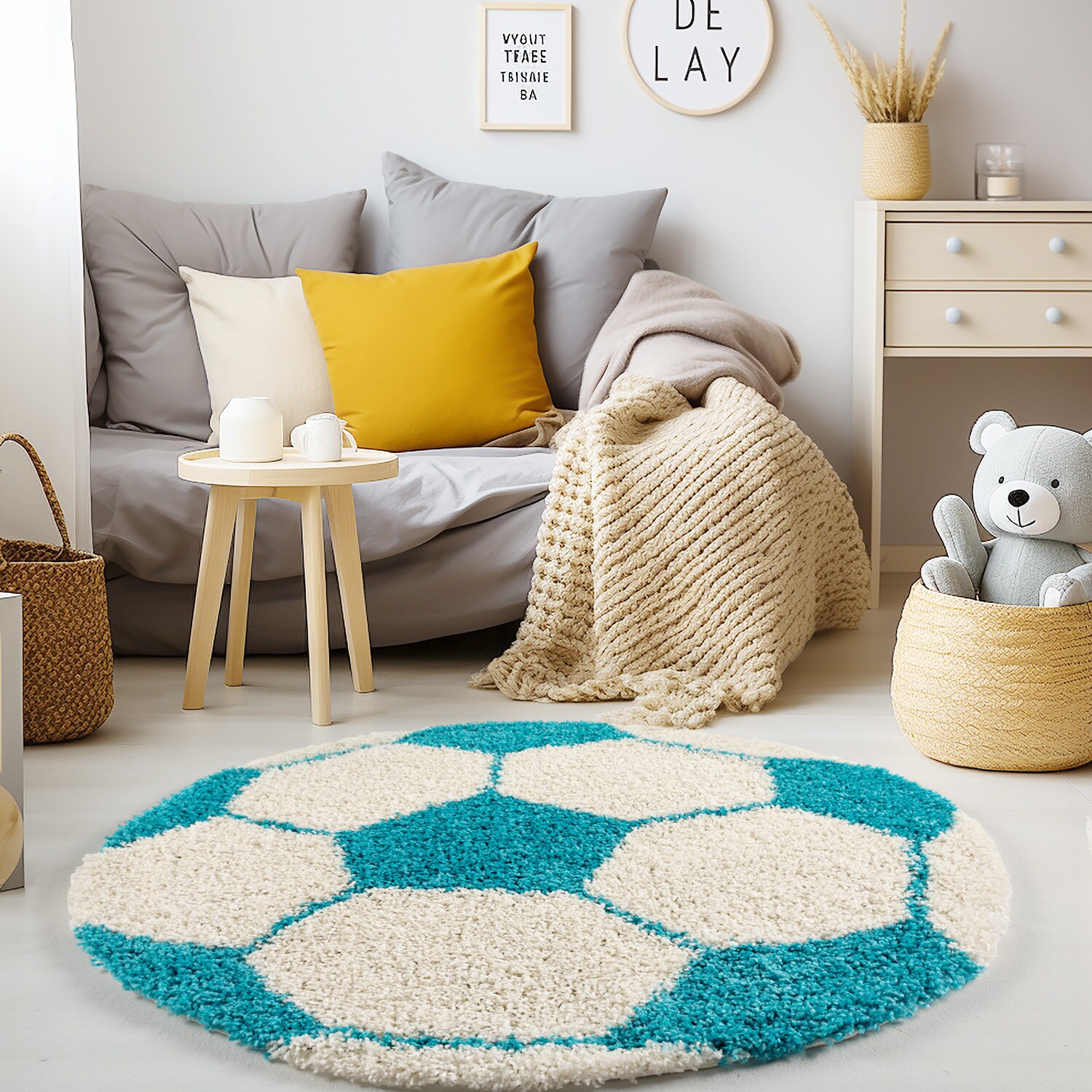 Kinderteppich MATREI, mit Fußball-Motiv, Türkis, Ø 120 cm