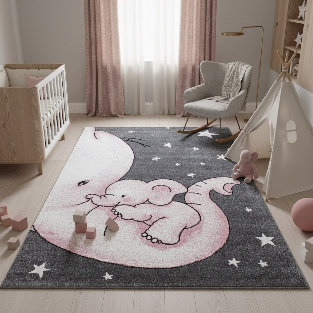 Kinderteppich TASNA, mit Elefanten-Motiv, Rosa, 200 x 290 cm