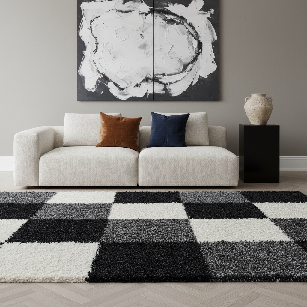 Hochflorteppich RHEIN, kariert, Schwarz, 160 x 230 cm