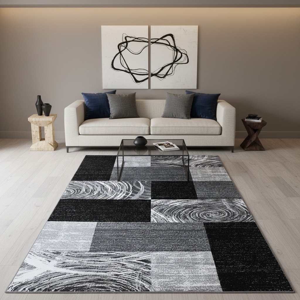 Kurzflorteppich DRAU, abstrakt kariert, Schwarz, 80 x 150 cm - Bild 1