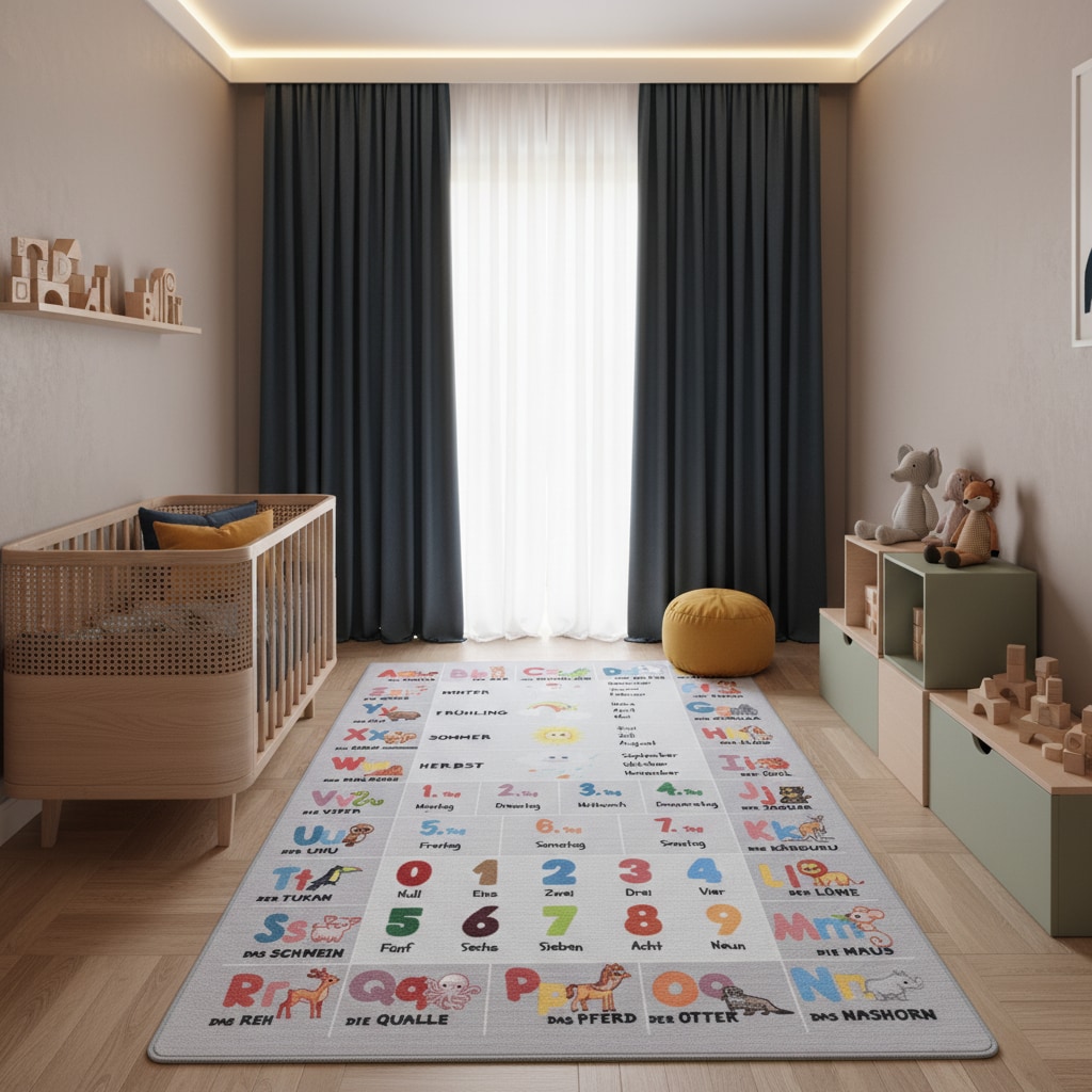 Kinderteppich TRAUN, mit Alphabet-Zahlen-Tiere-Motiv, Grau, 160 x 230 cm - Bild 1