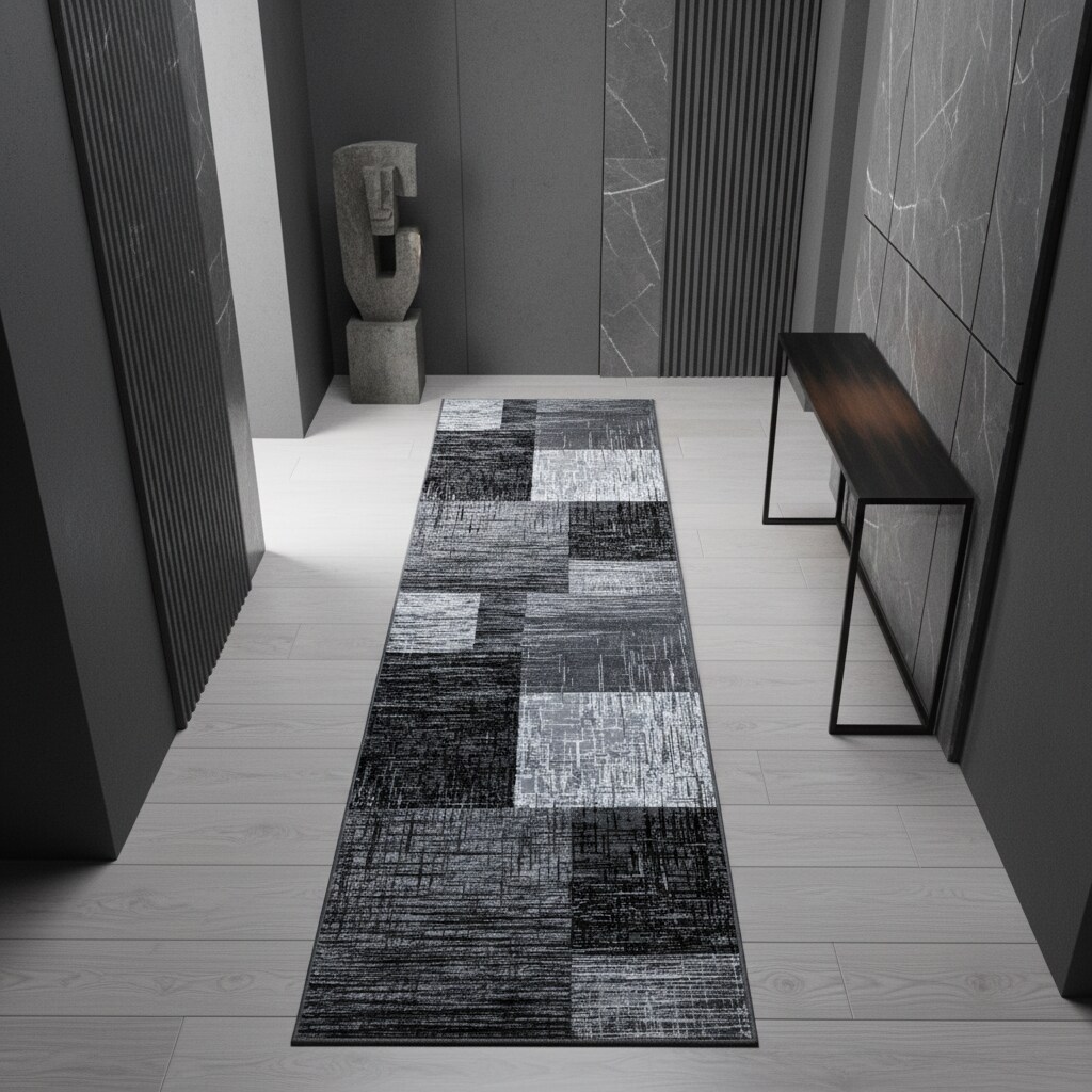 Kurzflorteppich INN, abstrakt kariert, Schwarz, 80 x 300 cm