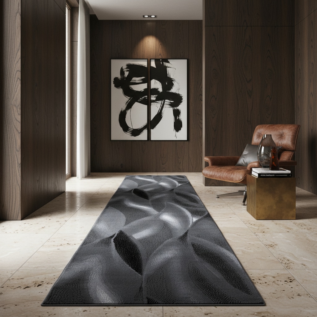 Kurzflorteppich INN, mit abstraktem Wellenmuster, Schwarz, 80 x 300 cm