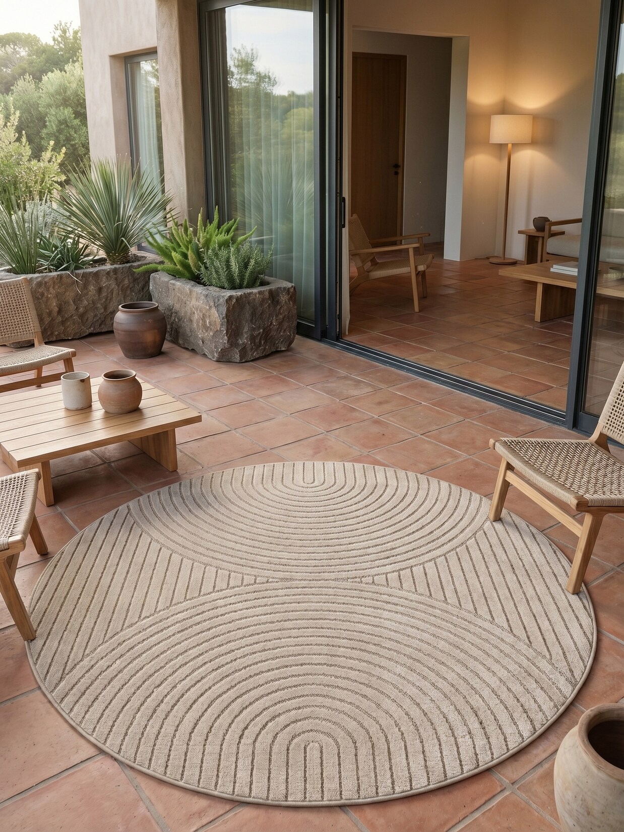 Teppich Outdoor ENGADIN in Beige, im Skandi-Stil mit 3D-Design, Ø 120 cm