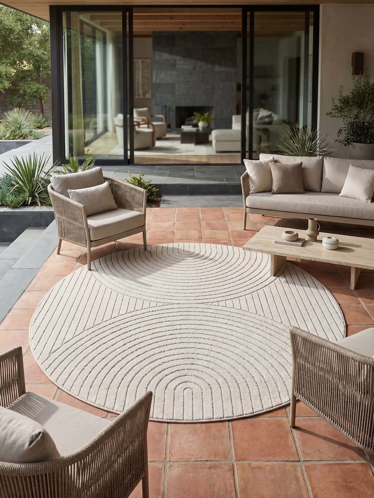 Teppich Outdoor ENGADIN in Creme, im Skandi-Stil mit 3D-Design, Ø 160 cm