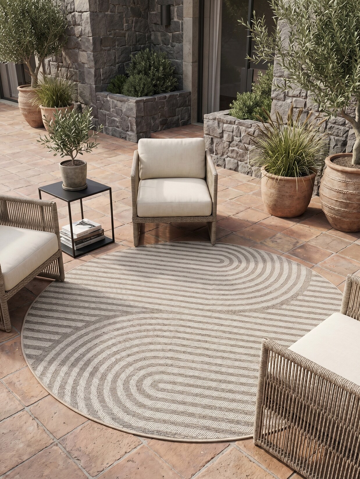 Teppich Outdoor VENTOUX in Beige, im Boho-Stil, Ø 160 cm