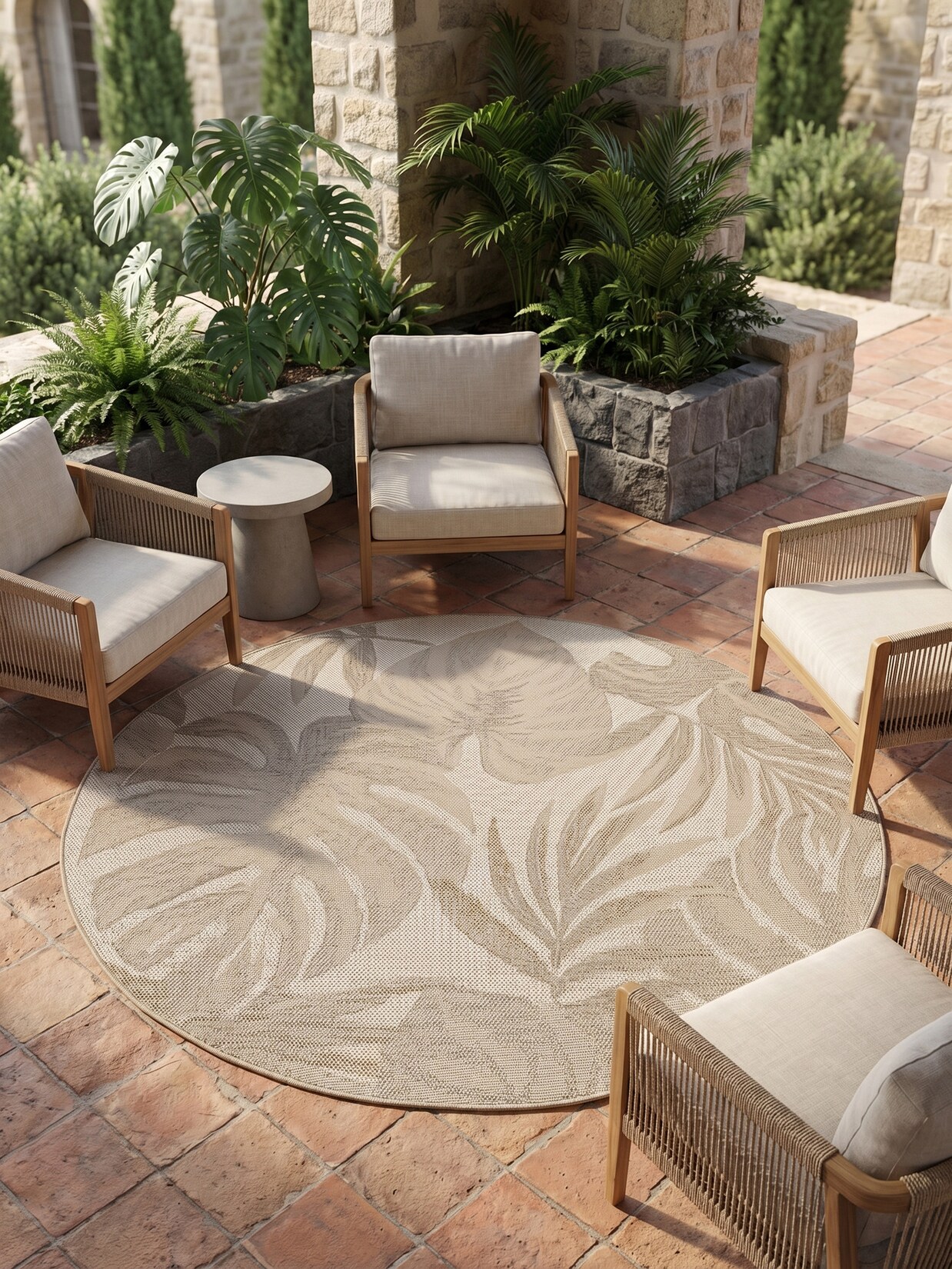 Teppich Outdoor VENTOUX in Beige, mit Tropen-Motiv, Ø 160 cm