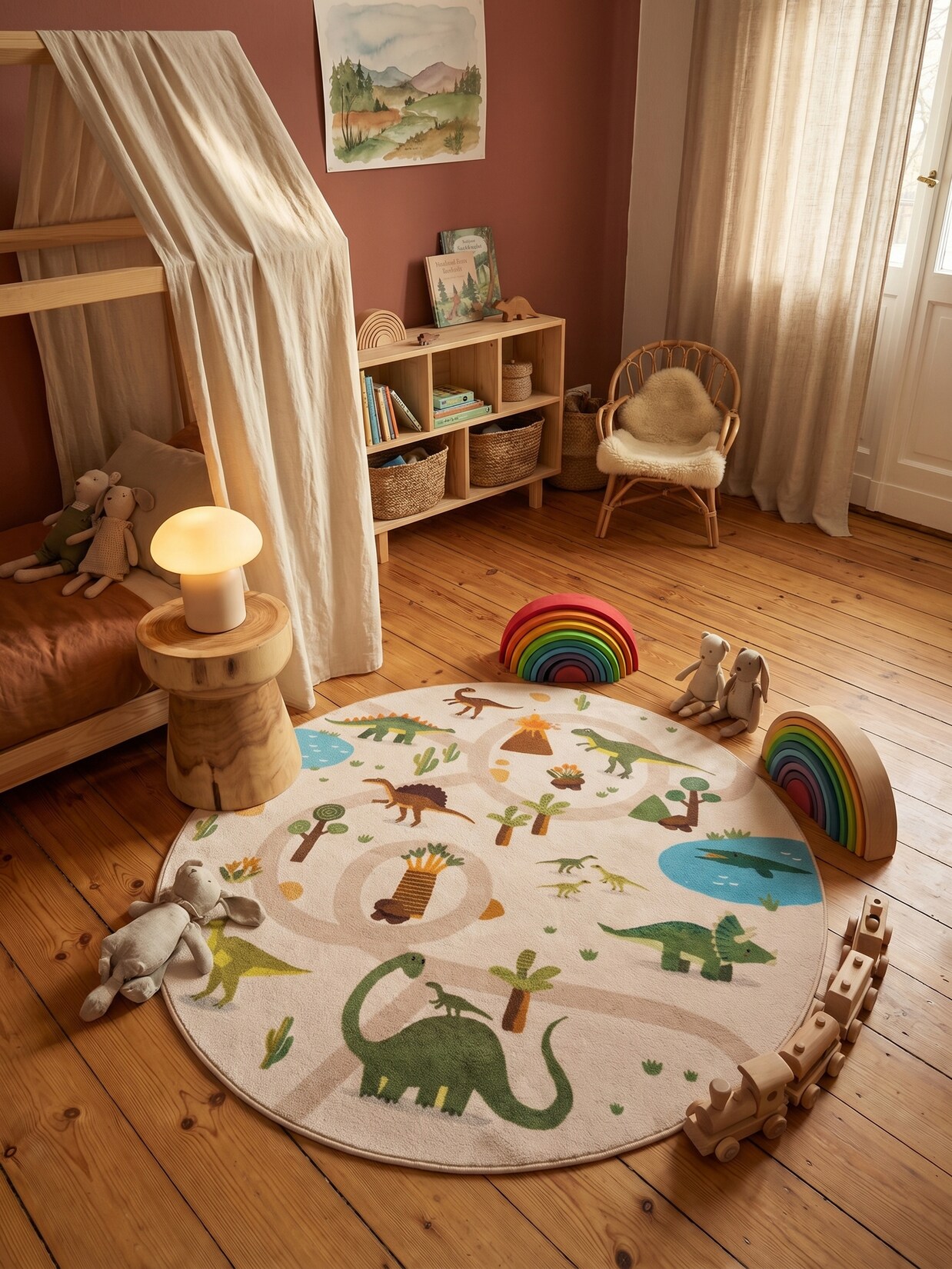 Kinderteppich Dinosaurier-Landschaft Beige 160x160 cm Waschbar