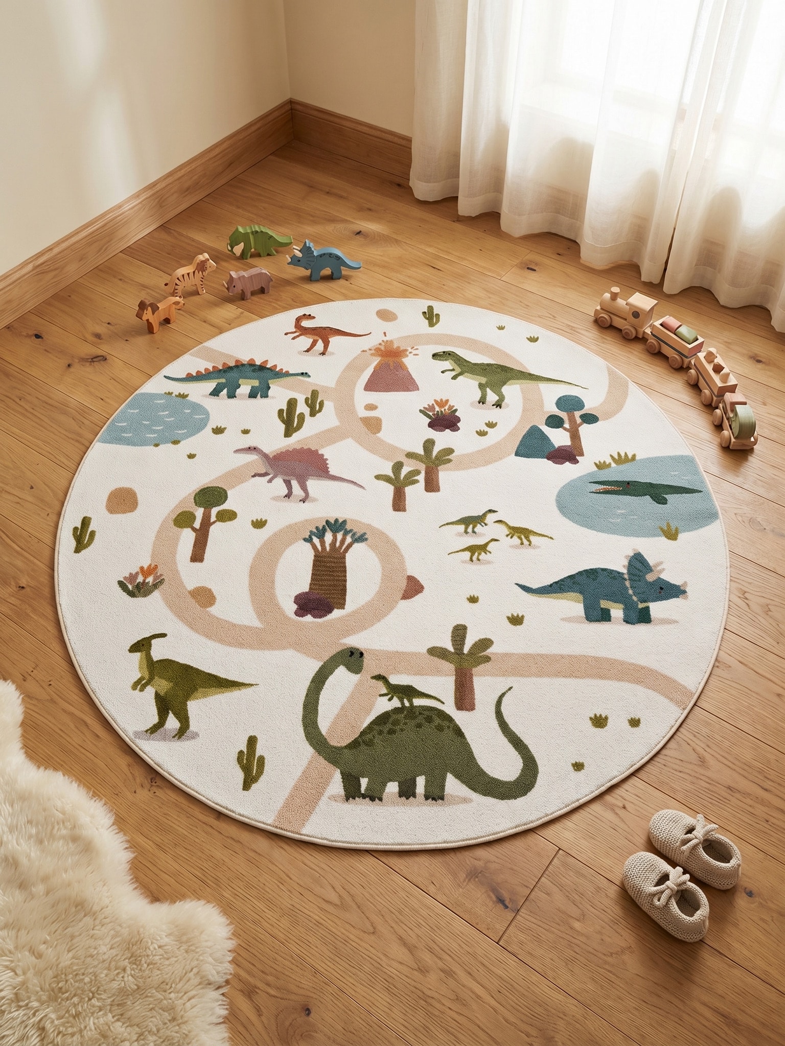 Spielteppich Waschbar TINO in Creme, mit Dino-Landschaft, &Oslash; 120 cm - Bild 1
